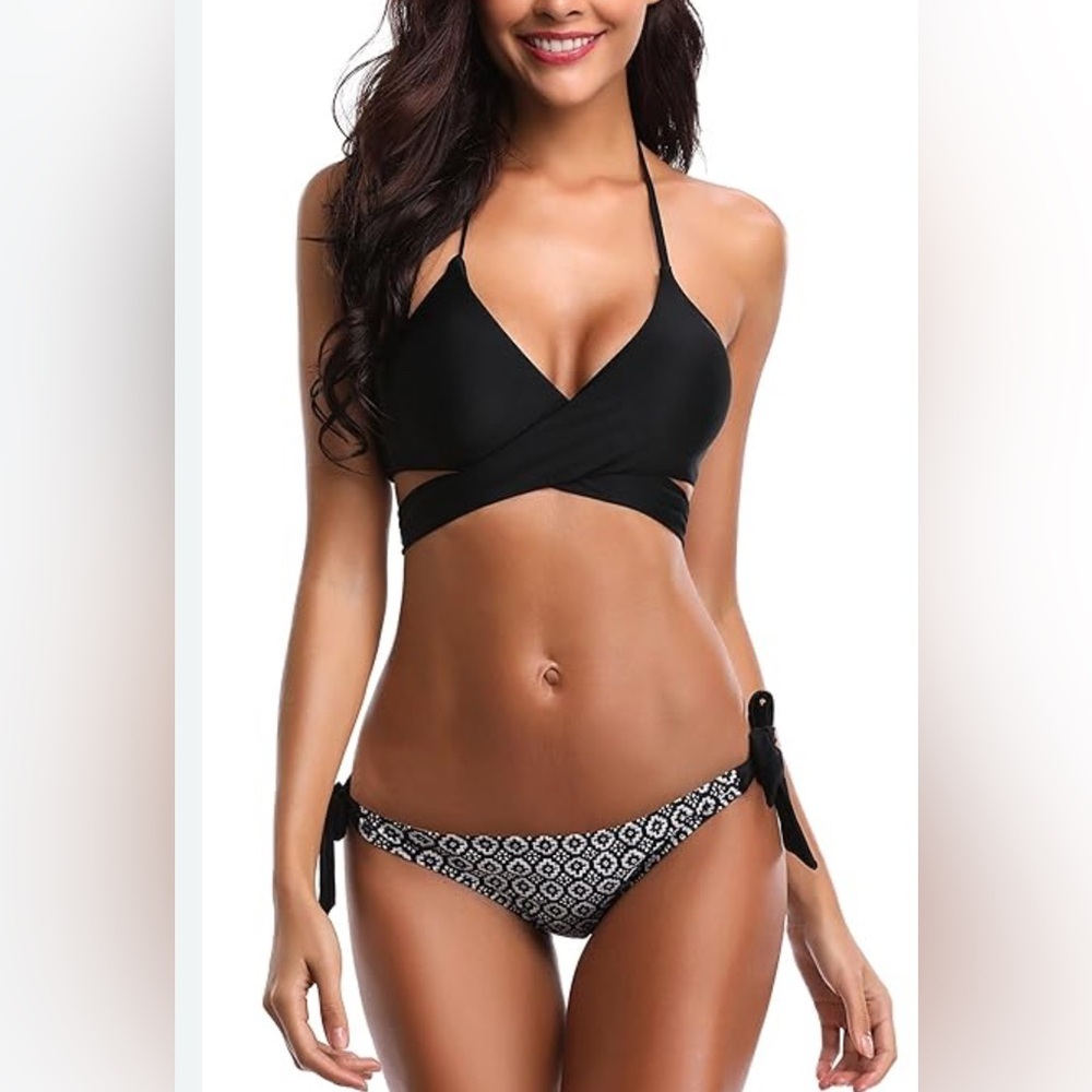 NWT Black Halter Bikini with Wrap Design and Side-Tie Detail